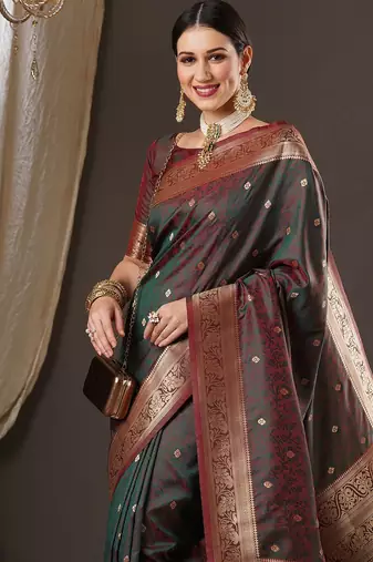 brown floral zari banarasi silk blend saree