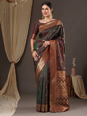 maroon woven design zari banarasi silk blend saree 1
