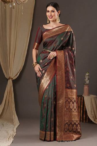 maroon woven design zari banarasi silk blend saree