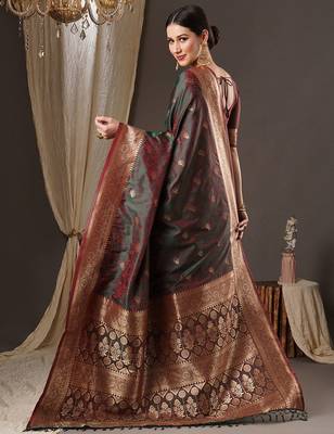 maroon woven design zari banarasi silk blend saree 2