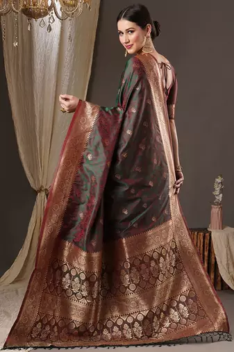 maroon woven design zari banarasi silk blend saree
