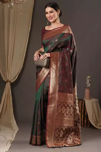 maroon woven design zari banarasi silk blend saree