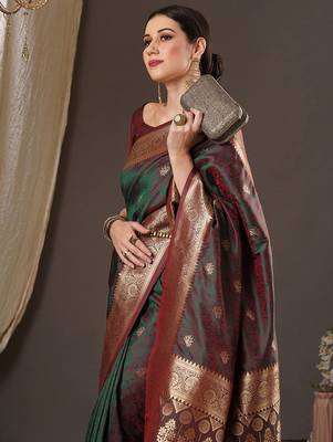 maroon woven design zari banarasi silk blend saree 4