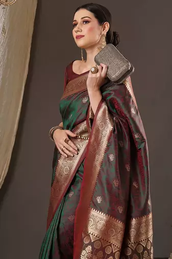 maroon woven design zari banarasi silk blend saree