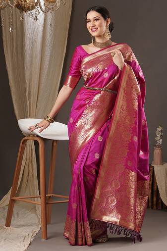 magenta floral zari banarasi silk blend saree