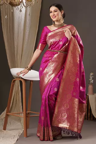 magenta floral zari banarasi silk blend saree