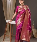magenta floral zari banarasi silk blend saree
