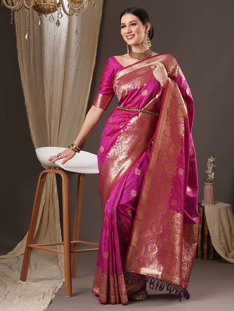 magenta floral zari banarasi silk blend saree