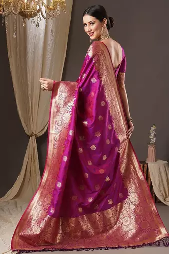 magenta floral zari banarasi silk blend saree