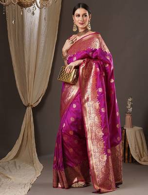 magenta floral zari banarasi silk blend saree 3
