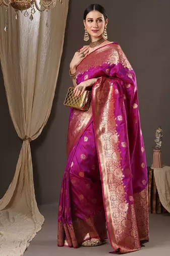 magenta floral zari banarasi silk blend saree
