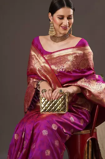 magenta floral zari banarasi silk blend saree