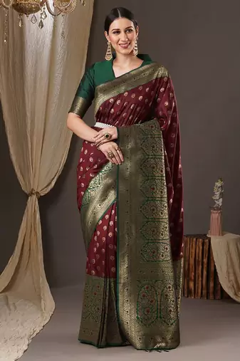 brown woven design zari banarasi silk blend saree
