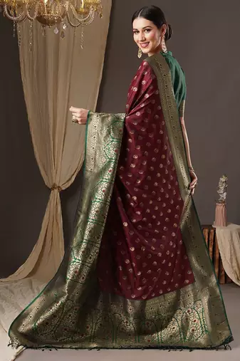 brown woven design zari banarasi silk blend saree