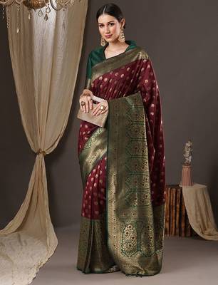 brown woven design zari banarasi silk blend saree 3