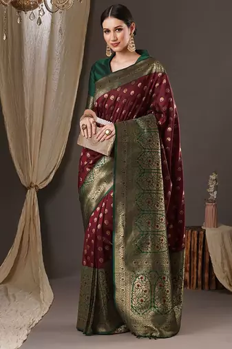 brown woven design zari banarasi silk blend saree