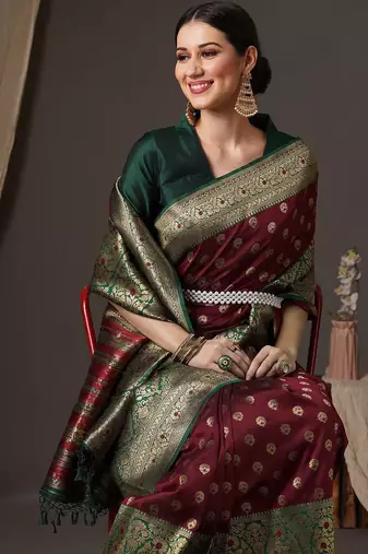 brown woven design zari banarasi silk blend saree