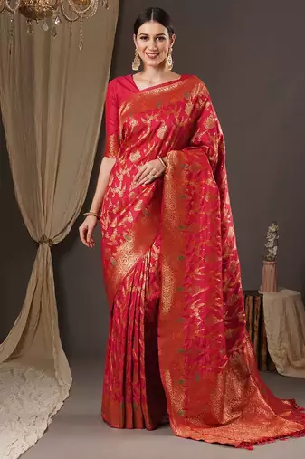 red woven design zari banarasi silk blend saree