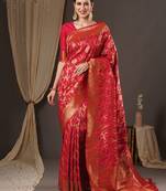 red woven design zari banarasi silk blend saree