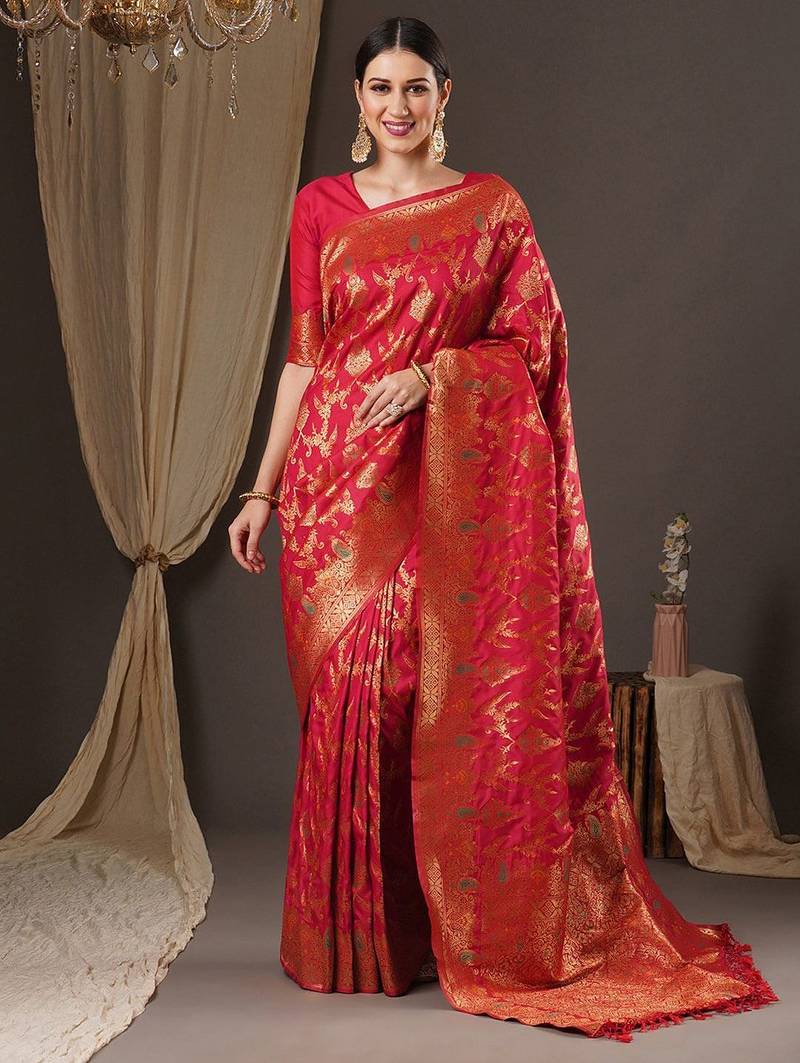 red woven design zari banarasi silk blend saree