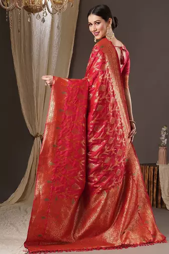 red woven design zari banarasi silk blend saree