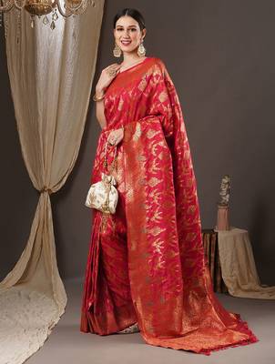 red woven design zari banarasi silk blend saree 3
