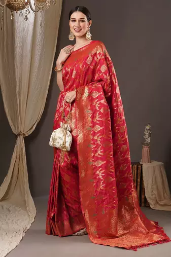 red woven design zari banarasi silk blend saree