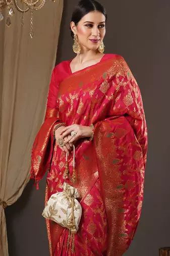 red woven design zari banarasi silk blend saree
