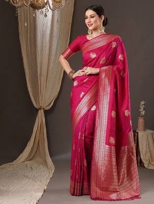 Pink woven design zari silk blend banarasi saree 1