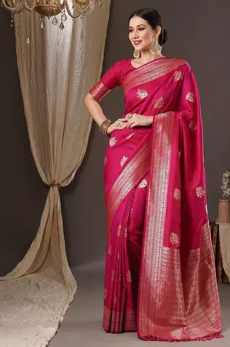 Pink woven design zari silk blend banarasi saree