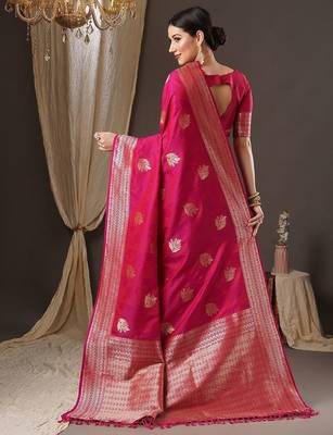 Pink woven design zari silk blend banarasi saree 2