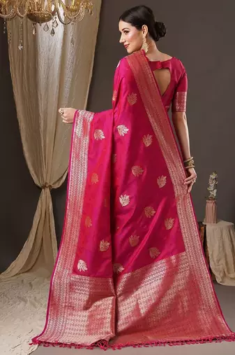Pink woven design zari silk blend banarasi saree