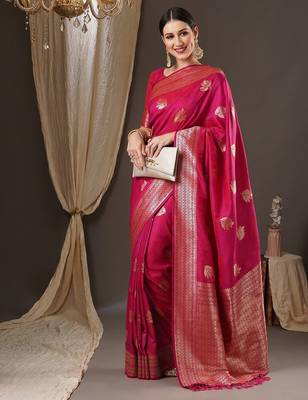 Pink woven design zari silk blend banarasi saree 3