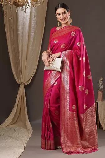 Pink woven design zari silk blend banarasi saree