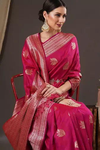 Pink woven design zari silk blend banarasi saree