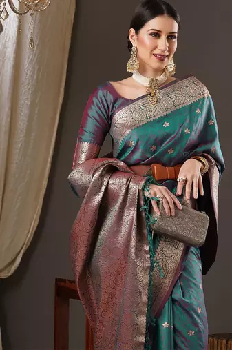 teal woven design zari banarasi silk blend saree