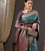 teal woven design zari banarasi silk blend saree