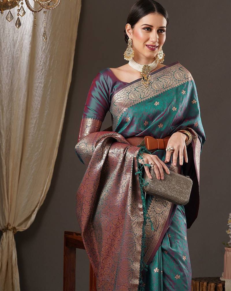 teal woven design zari banarasi silk blend saree