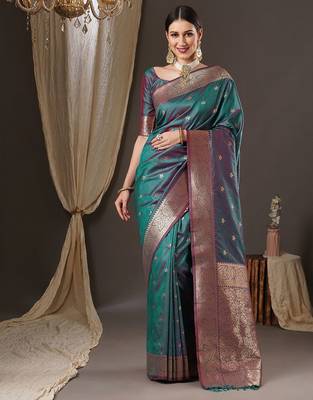 teal woven design zari banarasi silk blend saree 2