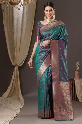 teal woven design zari banarasi silk blend saree