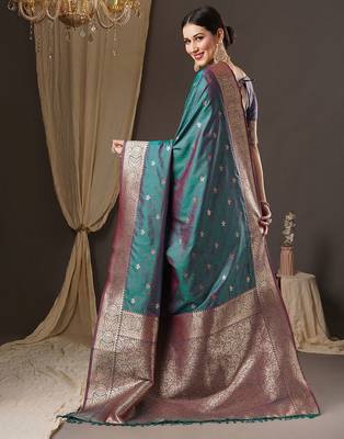 teal woven design zari banarasi silk blend saree 3
