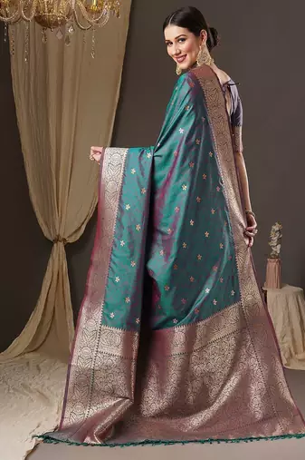 teal woven design zari banarasi silk blend saree