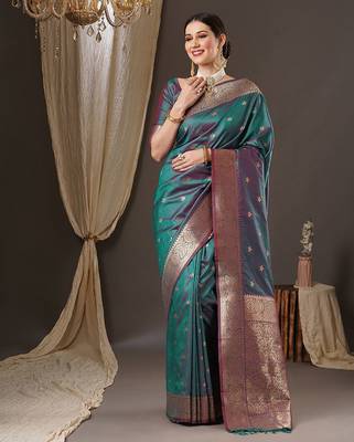 teal woven design zari banarasi silk blend saree 4