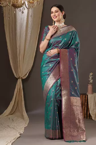 teal woven design zari banarasi silk blend saree