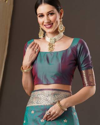 teal woven design zari banarasi silk blend saree 5
