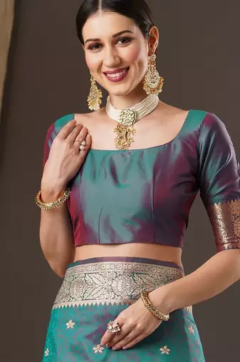 teal woven design zari banarasi silk blend saree