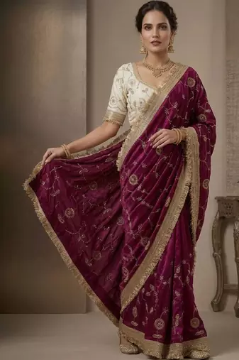 purple floral zari satin designer saree