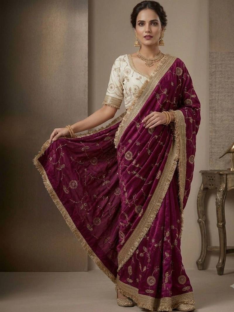 purple floral zari satin designer saree