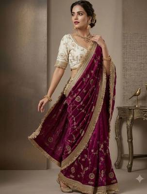 purple floral zari satin designer saree 2