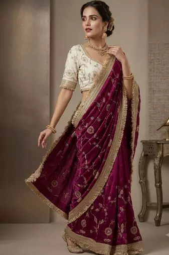 purple floral zari satin designer saree